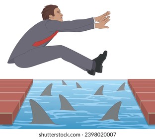 businessman long jumping over the distance to avoid shark infested water isolated on a white background