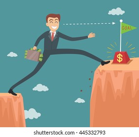 Businessman with long leg across the cliff, vector illustration cartoon