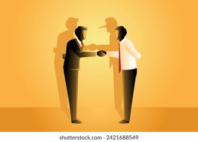 A businessman with a long nose shadow engages in a handshake with another businessman. Vector illustration of business concept