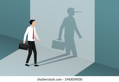 Businessman with long nose shadow on wall vector illustration.