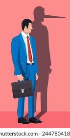 Businessman with long nose shadow on wall. Liar, lying people in business. Cheat, fraud, scam, hoax and crime. Vector illustration in flat style