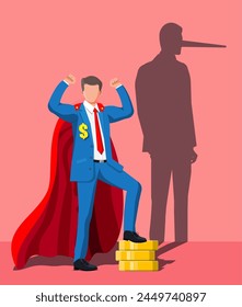 Businessman with long nose shadow on wall. Liar, lying people in business. Cheat, fraud, scam, hoax and crime. Vector illustration in flat style