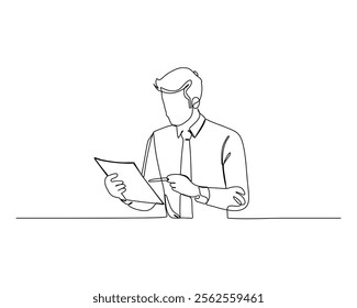 businessman in a long sleeved shirt and tie, sitting at a table, reviewing a document with a pen in hand. Focus and professionalism concept line drawing