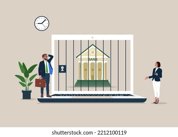 Businessman look at bank building locked inside screen laptop. Financial sanction disconnect from SWIFT international money transfer. Flat vector illustration.