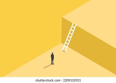 Businessman Look Up To Begin Climbing Ladder Of Career. Concept Of Success , Journey, Opportunity, And Achieve Goal.