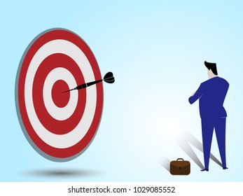 Businessman look at the darts in the middle of the target,business concept vector eps10.