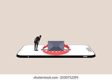 Businessman look email pitfall or mouse trap. Concept of scam mail and phishing