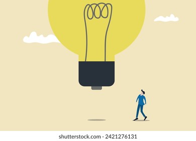 Businessman look fly lightbulb. Think outside, idea and business solution