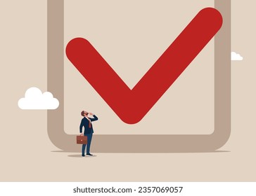 Businessman look high at big checkbox. Global business investment. Flat vector illustration