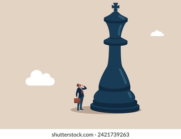 Businessman look high at big chess king. Intellectual game, strategy, politics. Flat vector illustration