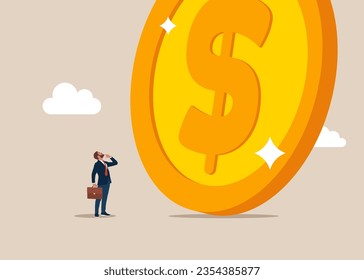 Businessman look high at big golden dollar coin. Dollar price soaring sky high hit new high record concept. Flat vector illustration