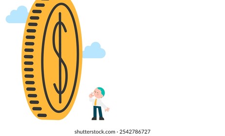 Businessman look high at big golden dollar coin. Dollar price soaring sky high hit new high record concept. Flat vector illustration