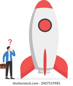 Businessman look high at big innovative rocket to launch company. Funding startup company or venture capital investment. Vector illustration

