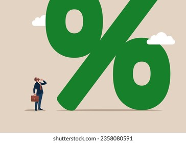 Businessman look high at big percentage. Interest, financial and mortgage rates. Flat vector illustration