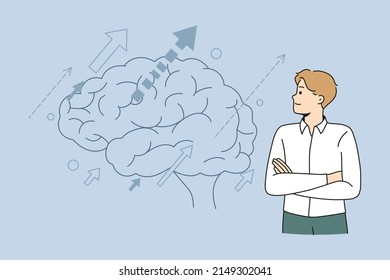 Businessman look at huge brain image develop idea or solve business problem. Male employee brainstorm think of trouble solution. Creativity and innovation. Flat vector illustration. 