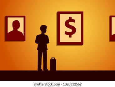 businessman look interest to money picture in art gallery,mean he love and focus to find money to be rich,silhouette style