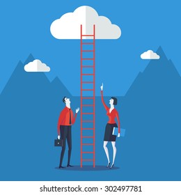 Businessman look up a ladder to cloud. Vector Illustration Business concept a ladder Corporate of success.