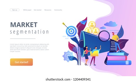 Businessman look with magnifier at target group. Market segmentation and adverts, target market and customer concept on white background. Website vibrant violet landing web page template.