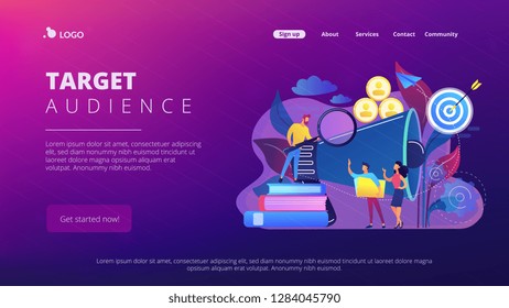 Businessman look with magnifier at target group. Market segmentation and adverts, target market and customer concept on white background. Website vibrant violet landing web page template.