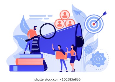 Businessman look with magnifier at target group. Market segmentation and adverts, target market and customer concept on white background. Living coral blue vector isolated illustration