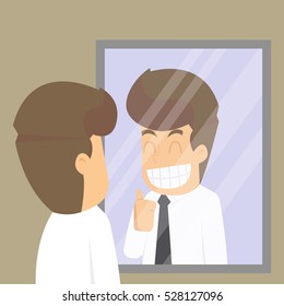 businessman ,look in the mirror to cheer himself, commitment. vector