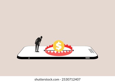 Businessman look i money pitfall or mouse trap with big money dollar sign bait. concept of Financial money trap, risk in investment, ponzi scheme or business pitfall