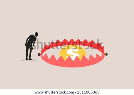 Businessman look i money pitfall or mouse trap with big money dollar sign bait. concept of Financial money trap, risk in investment, ponzi scheme or business pitfall