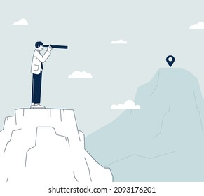 Businessman Look From Mountain. Way Future, Rocks Peak With Target Point. Business Success And Difficulties, Strategy Journey Metaphor. Recent Vector Goal Concept