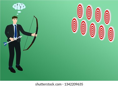 Businessman look at multiple choice target , confuse concept