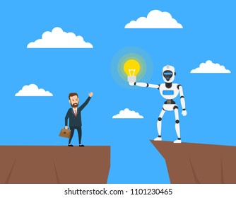 businessman look on robot humanoid with lightbulb on the rock