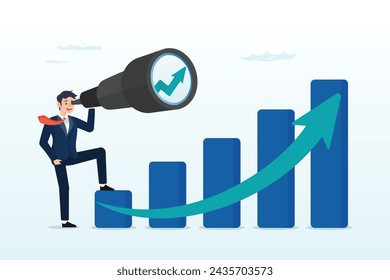 Businessman look on telescope on growth chart diagram, economic growth forecast, GDP prediction or business vision to grow investment or business, increase profit or earning improvement (Vector)