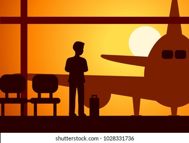 businessman look to plane wait to get on plane to establish business contact in terminal airport on sunset time,silhouette style