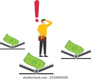 Businessman look at steel bear trap with money. Avoid pitfall, and business failure. Flat vector illustration.

