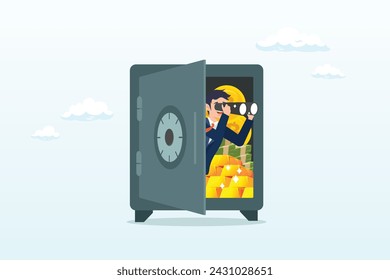 Businessman look through binocular from secured open safe, safe haven, money protection from investment, wait and see economics situation, protect wealth from inflation, financial security (Vector)