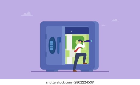 Businessman look through binocular from secured open safe. Safe haven, money protection from investment, wait and see economics situation, protect wealth from inflation, financial security concept.