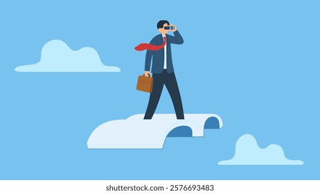 A businessman look through binoculars on flying book symbolizes of observation, search for opportunity, curiosity or surveillance, inspect or discover new business. Employee looking for job.