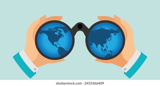 Businessman look through binoculars with world map.Global or world business vision, international business opportunity, conceptual vector illustration.