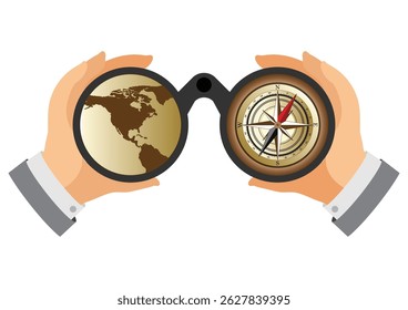 Businessman look through binoculars with world map and compass.Global or world business vision, international business opportunity, conceptual vector illustration.