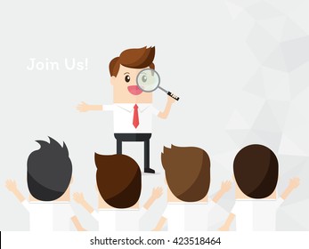 businessman look through magnifying with choose person for join company