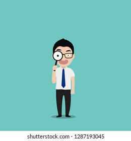 Businessman look through a magnifying glass. Business concept