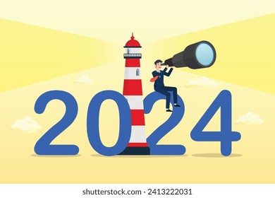 Businessman look through telescope with 2024 lighthouse guiding, year 2024 business forecast, prediction or searching new opportunity, success decision or analyze economic and investment (Vector)