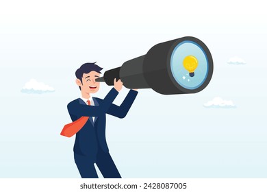 Businessman look through telescope to find lightbulb idea, product discovery, discover new idea or business insight, searching for innovation, creativity or smart solution, finding success (Vector)