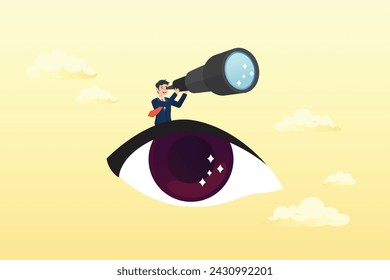 Businessman look through telescope from his big eye, business vision, eye looking for opportunity or discover success idea, leadership visionary look forward for future, search for success (Vector)