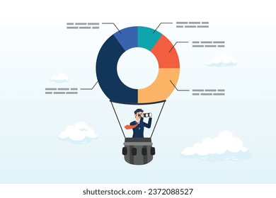 Businessman look through telescope on pie chart diagram balloon, business pie chart forecast, prediction or plan, investment asset allocation, marketing diagram or statistics data, research (Vector) 