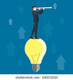 businessman look through a telescope on a light bulb vector illustration 