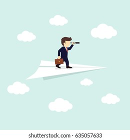 Businessman look through a telescope on the paper airplane. Vector illustration.