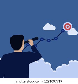 Businessman Look Through Telescope See Chart Growth And Target Beyond The Cloud.