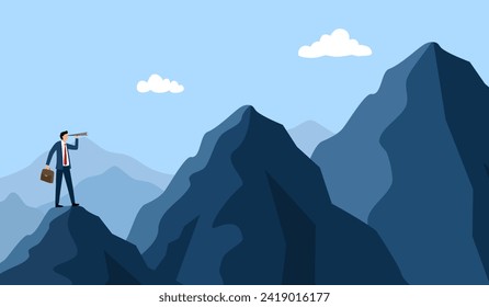 Businessman look through telescope to see business vision. Look to see future or search for opportunity, finding way to success.