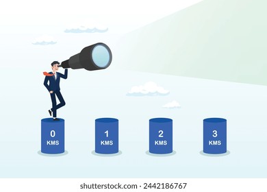 El hombre de negocios mira a través del telescopio para ver el viaje de trabajo, comenzar un nuevo viaje, visionario para el desarrollo de la carrera o hitos del proyecto, desafío o visionario, comenzar un nuevo trabajo o viaje al éxito (Vector)