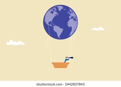 Businessman look through telescope with world map. concept of success, target and opportunity